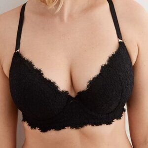 Aerie Black Real Power Plunge Push Up Eyelash Lace Bra Size 32B